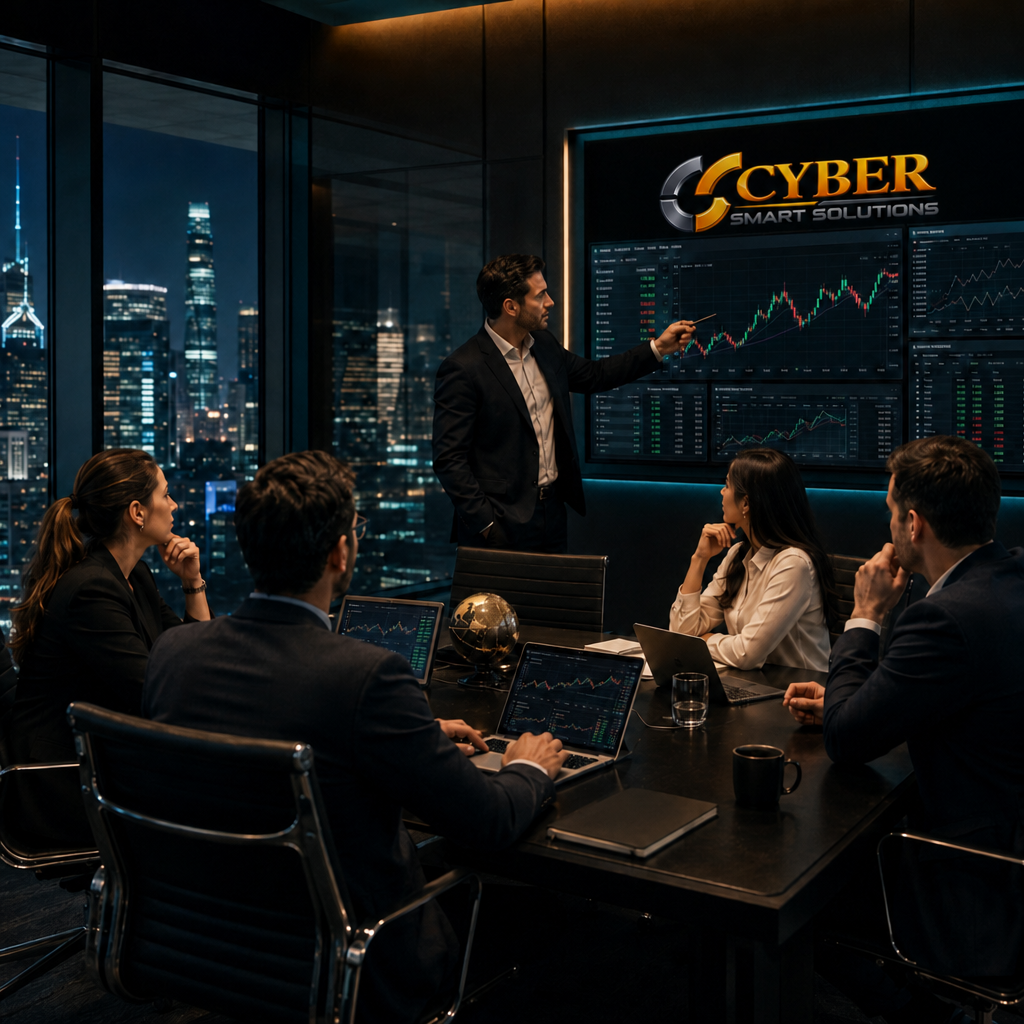 Cyber Smart Solutions company values and trading workflow graphic