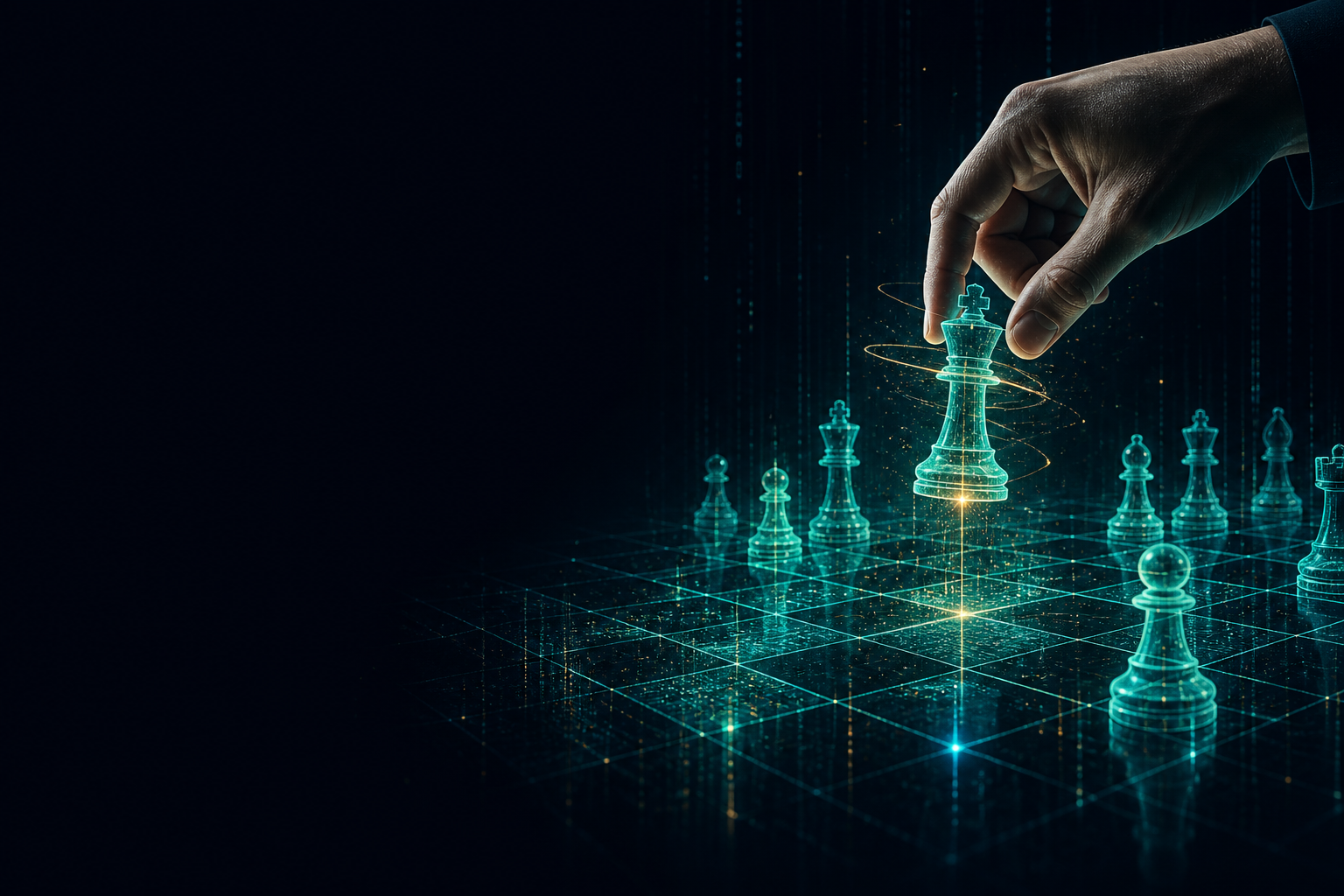 A hand moving a holographic chess piece across a digital matrix chessboard