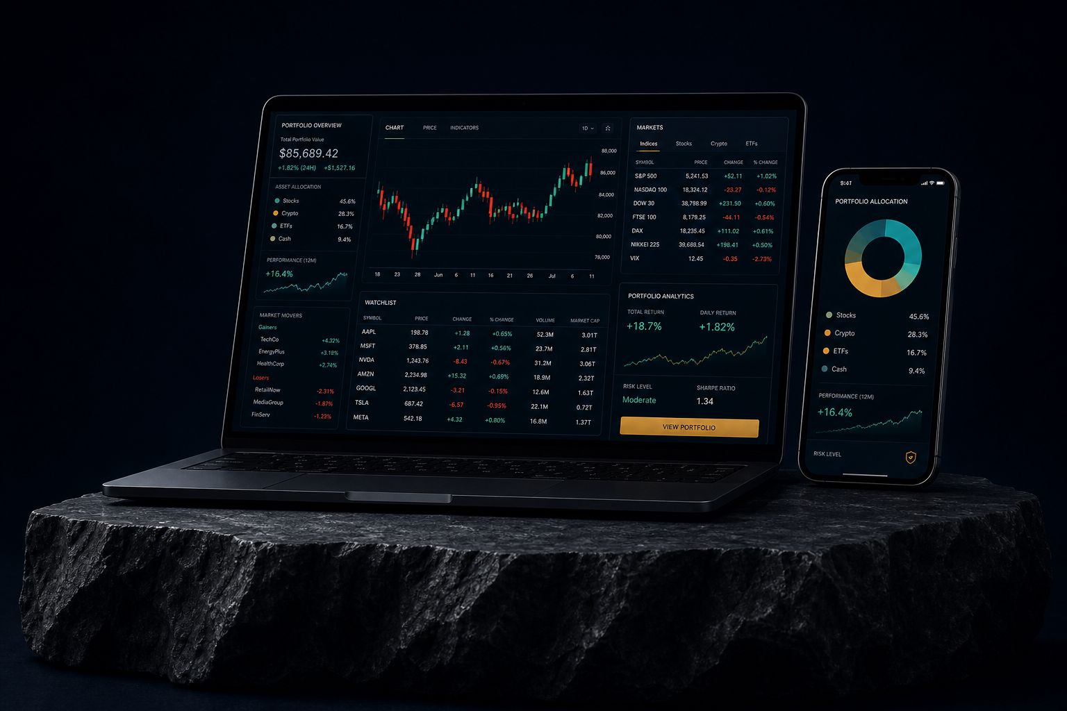 Trading platform displayed on a laptop and phone resting on a solid stone table